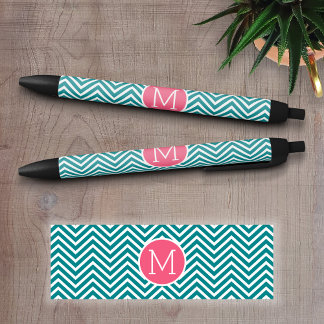 Stylo Noir Motif Girl Chevron avec Monogramme - Turquoise ros