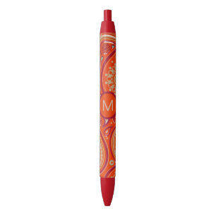 Stylo Noir Motif Paisley Orné Monogramme Orange