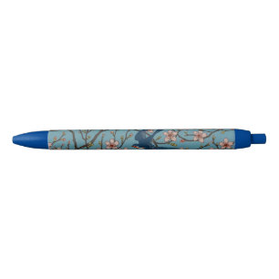 Stylo Noir Motif rétro à fleurs bleues d'hirondelles par Walt