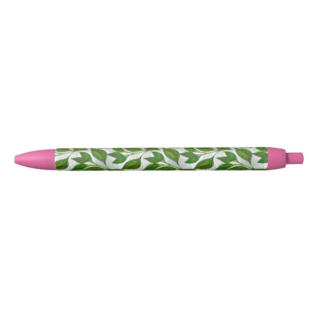 Stylo Noir Motif sans couture avec Feuilles de thé vert (Devant)