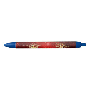 Stylo Noir Noël Golden Snowflakes sur Arrière - plan rouge