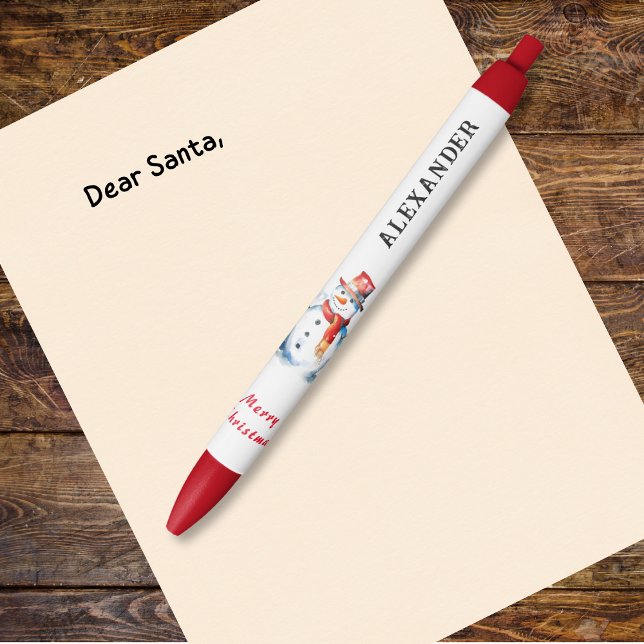 Stylo Noir Noël Snowman Photo Festive Vacances Enfants (A fun Christmas pen with snowman design, to personalize with a name)