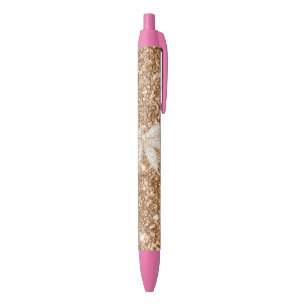 Stylo Noir Nœud en faux dentelle doré pailleté crème