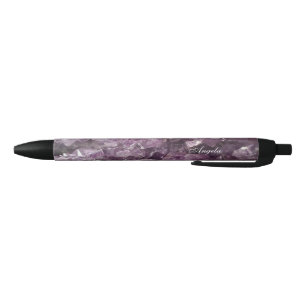 Stylo Noir Nom avec photo des cristaux d'Améthyste