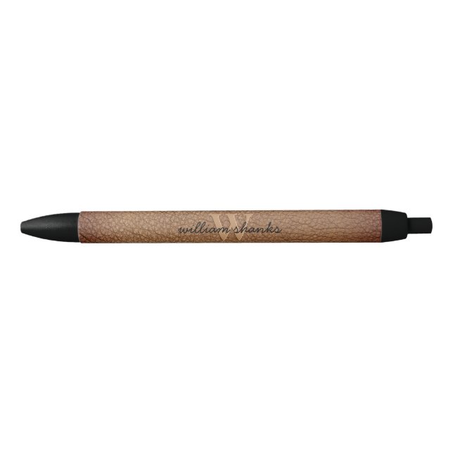 Stylo Noir Nom de script Monogramme Cuir marron rustique élég (Devant)