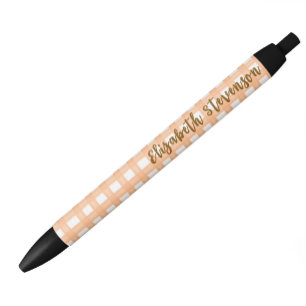 Stylo Noir Nom de script personnalisé Gingham orange 