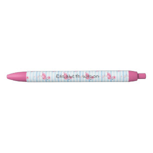 Stylo Noir Nom d'écriture aquarelle Flamant Rose Rayures Bleu