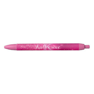 Stylo Noir Nom du monogramme étincelant brillant rose-chaud