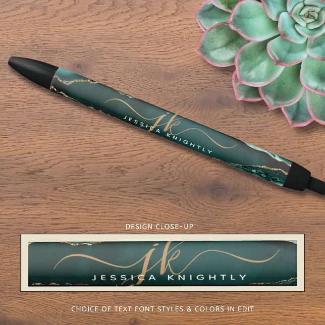 Stylo Noir Nom Monogramme Élégant Turquoise Agate Or Script (Créateur téléchargé)