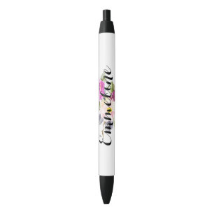 Stylo Noir Nom personnalisé Aquarelle Floral