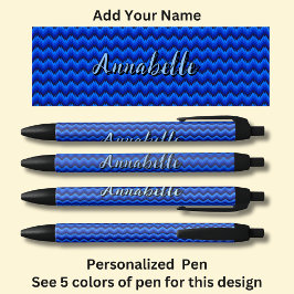 Stylo Noir Nom personnalisé, Bleu Chevron Zig Zag