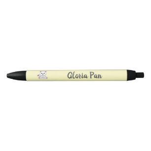 Stylo Noir Nom personnalisé chat blanc mignon sur fond jaune