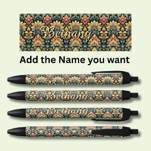 Stylo Noir Nom personnalisé Classic Floral