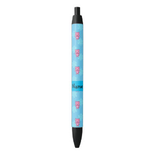 Stylo Noir Nom personnalisé Cochon bleu clair flocons de neig
