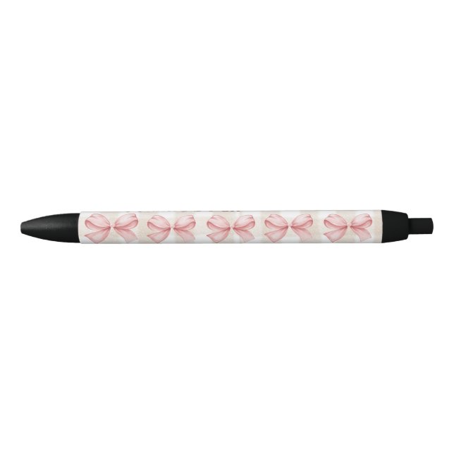 Stylo Noir Nom personnalisé En vichy & Bow rose doux (Devant)