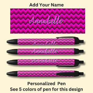 Stylo Noir Nom personnalisé, Hot rose Chevron Zig Zag