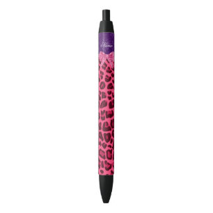 Stylo Noir Nom personnalisé léopard rose pourpre damassé arc