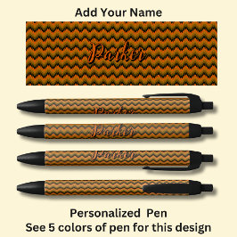 Stylo Noir Nom personnalisé, Orange Brown Chevron Zig Zag