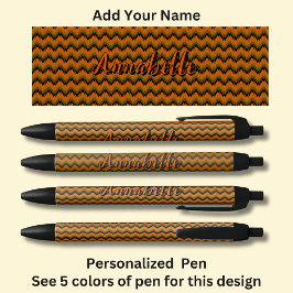 Stylo Noir Nom personnalisé, Orange Brown Chevron Zig Zag
