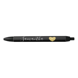 Stylo Noir Nom personnalisé par coeur noir et blanc d'or