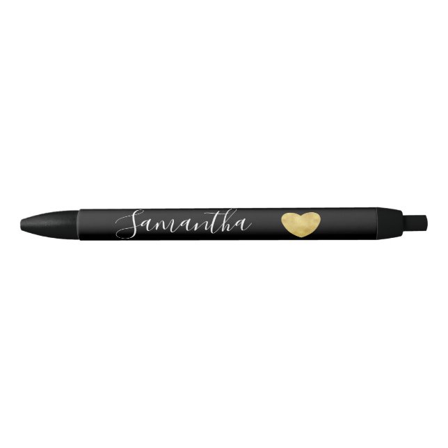Stylo Noir Nom personnalisé par coeur noir et blanc d'or (Devant)