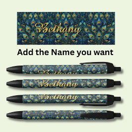 Stylo Noir Nom personnalisé Peacock Feathers