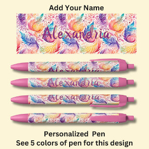 Stylo Noir Nom personnalisé Pink Aqua Blue Paisley Feathers