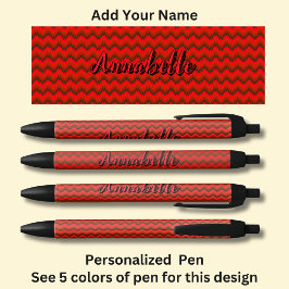 Stylo Noir Nom personnalisé, Red Chevron Zig Zag