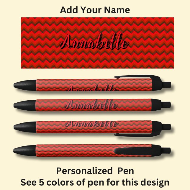 Stylo Noir Nom personnalisé, Red Chevron Zig Zag (Créateur téléchargé)
