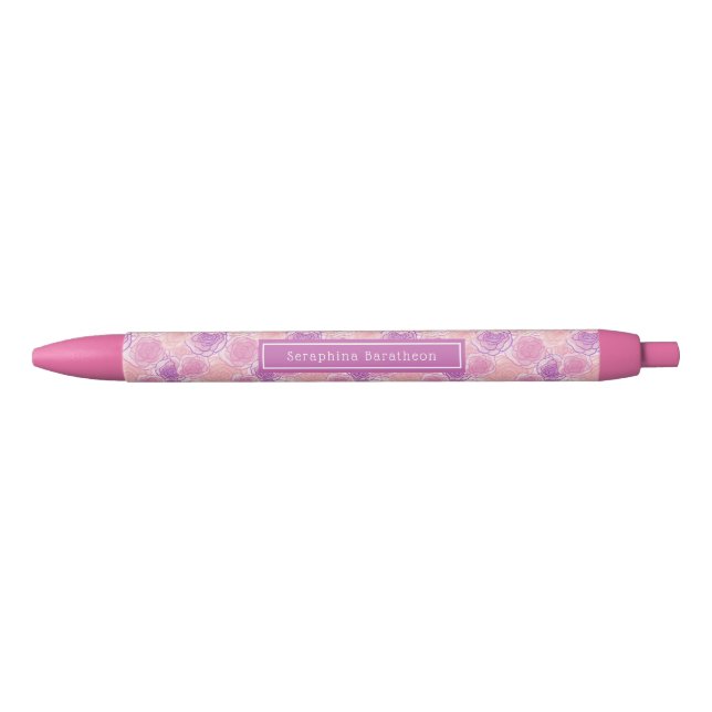 Stylo Noir Nom personnalisé Retro rose violet rose (Devant)