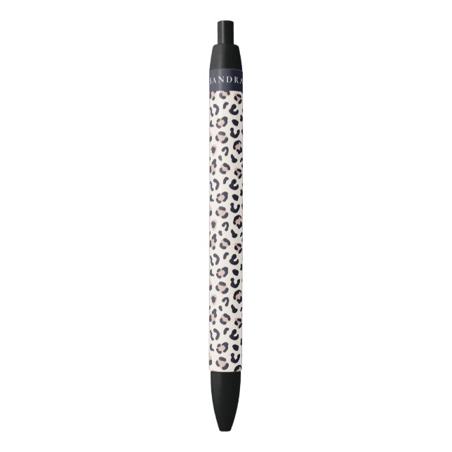Stylo Noir Nom personnalisé rose Empreinte de léopard (devant Vertical)