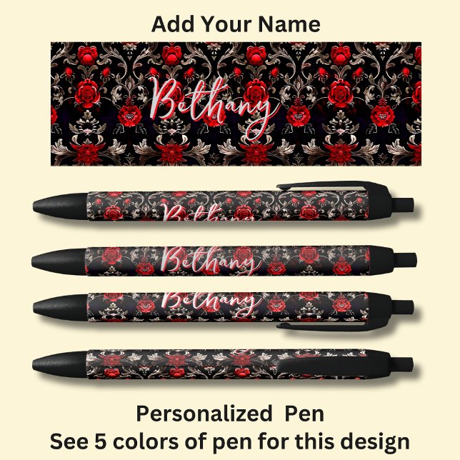 Stylo Noir Nom personnalisé, Roses rouges sur noir (Créateur téléchargé)