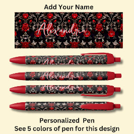 Stylo Noir Nom personnalisé, Roses rouges sur rouge