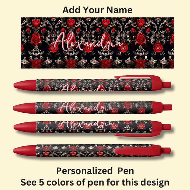 Stylo Noir Nom personnalisé, Roses rouges sur rouge (Créateur téléchargé)