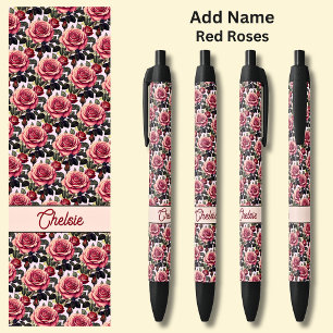 Stylo Noir Nom Roses rouges en rose