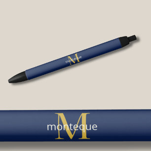 Stylo Noir Or Monogramme Doré Navy Profond Nom Personnalisé L