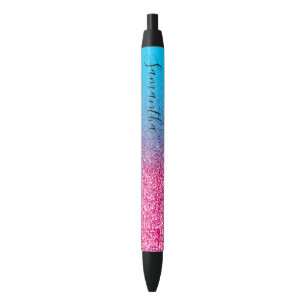 Stylo Noir Pailleté Ombré Bleu Aqua Rose Chaud Personnalisé