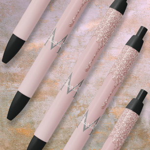 Stylo Noir Paillettes roses en gouttes Monogramme écriture fé