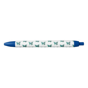 Stylo Noir Papillon aux plumes de paon vert