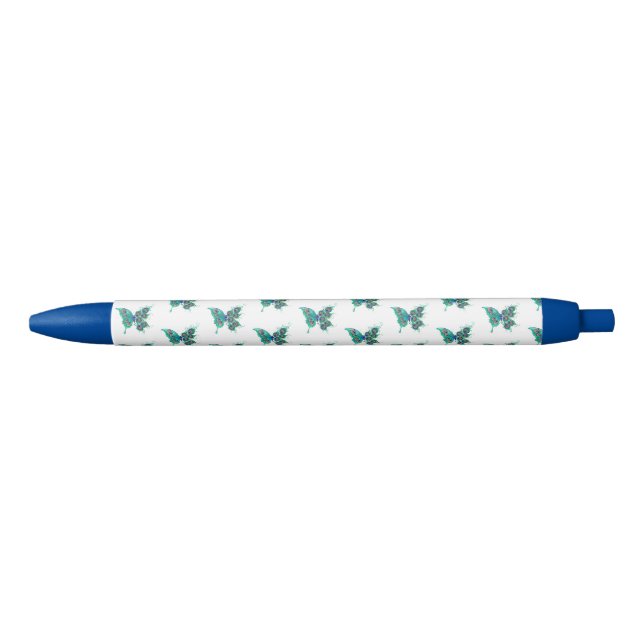Stylo Noir Papillon aux plumes de paon vert (Devant)