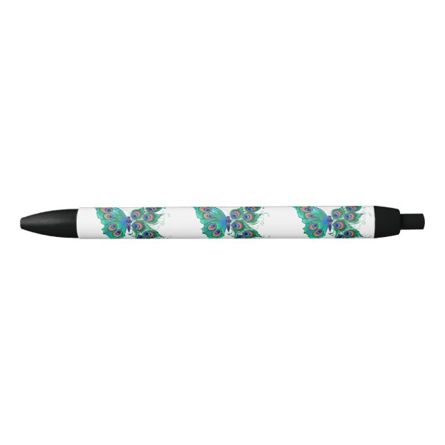 Stylo Noir Papillon aux plumes de paon vert (Devant)