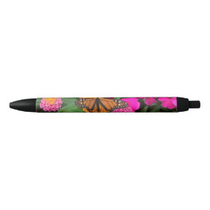 Stylo Noir Papillon Monarque et Fleurs Roses