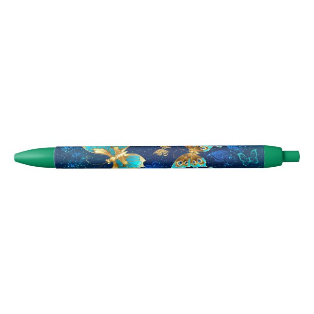 Stylo Noir Papillons d'or sur un Arrière - plan bleu (Devant)