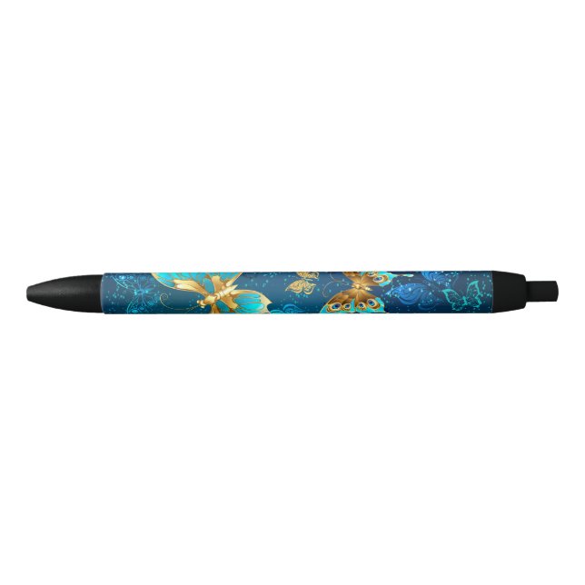 Stylo Noir Papillons d'or sur un Arrière - plan bleu (Devant)