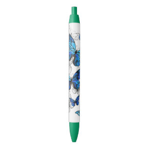 Stylo Noir Papillons volants bleus Morpho