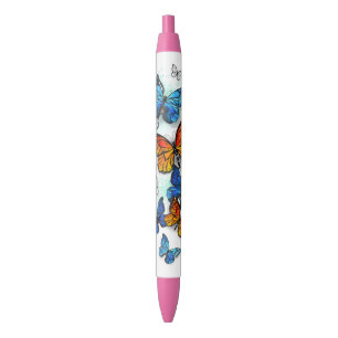 Stylo Noir Papillons volants Morpho et Monarch