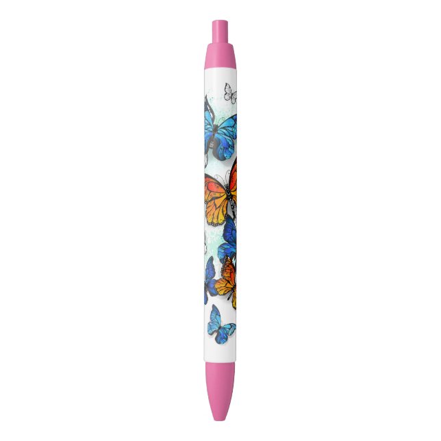 Stylo Noir Papillons volants Morpho et Monarch (devant Vertical)