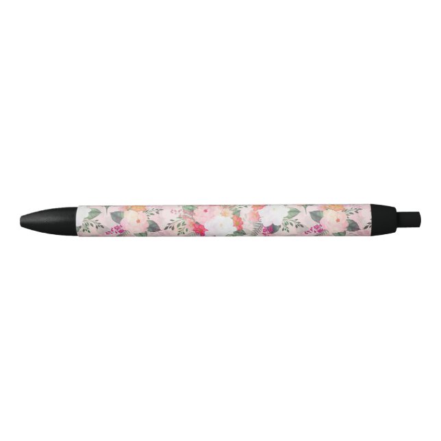 Stylo Noir Peinture d'aquarelle rose romantique (Devant)