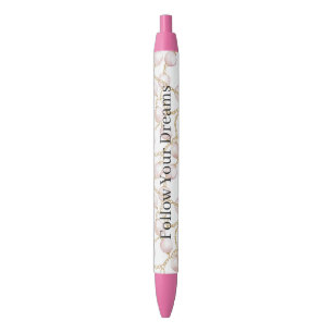 Stylo Noir Perles Roses Chaîne en Or