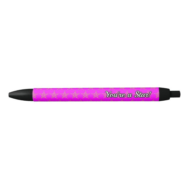 Stylo Noir Personnalisé | PINK avec | Gold Stars (Devant)